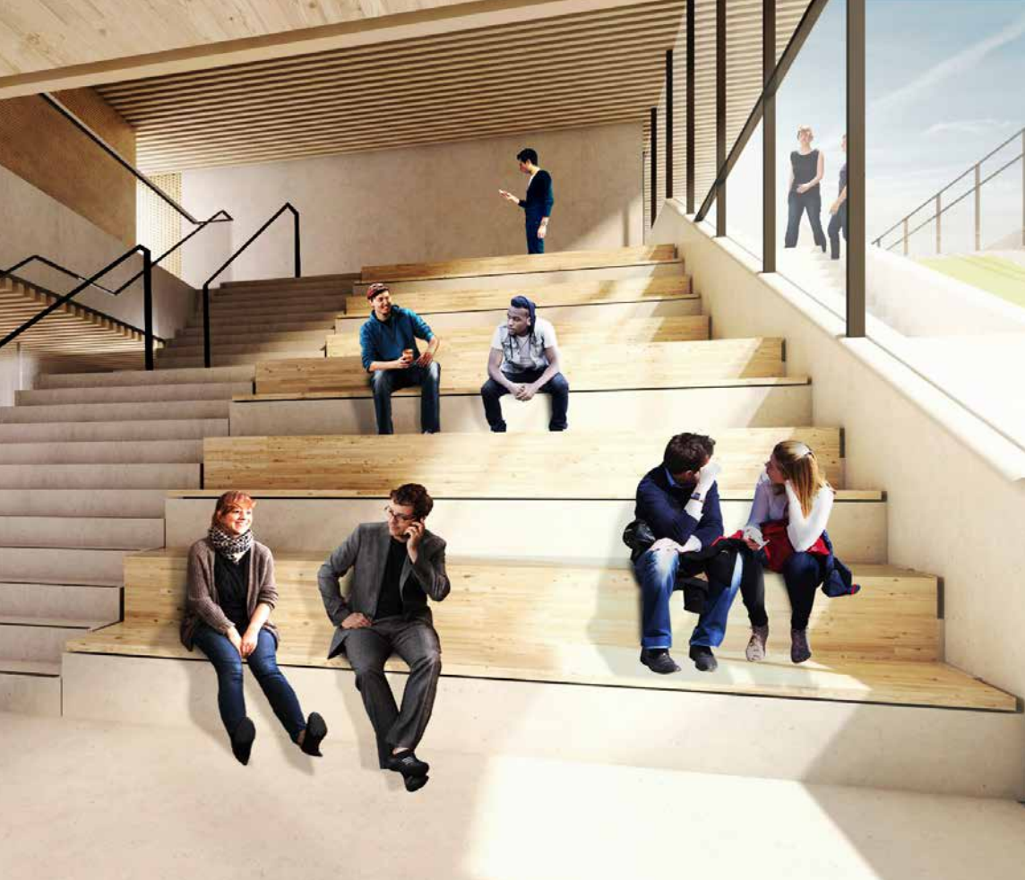 एक विकर्ण सीढ़ी -; लोगों को अधिक बातचीत करने के लिए डिज़ाइन किया गया -; इमारत के माध्यम से टुकड़ा होगा